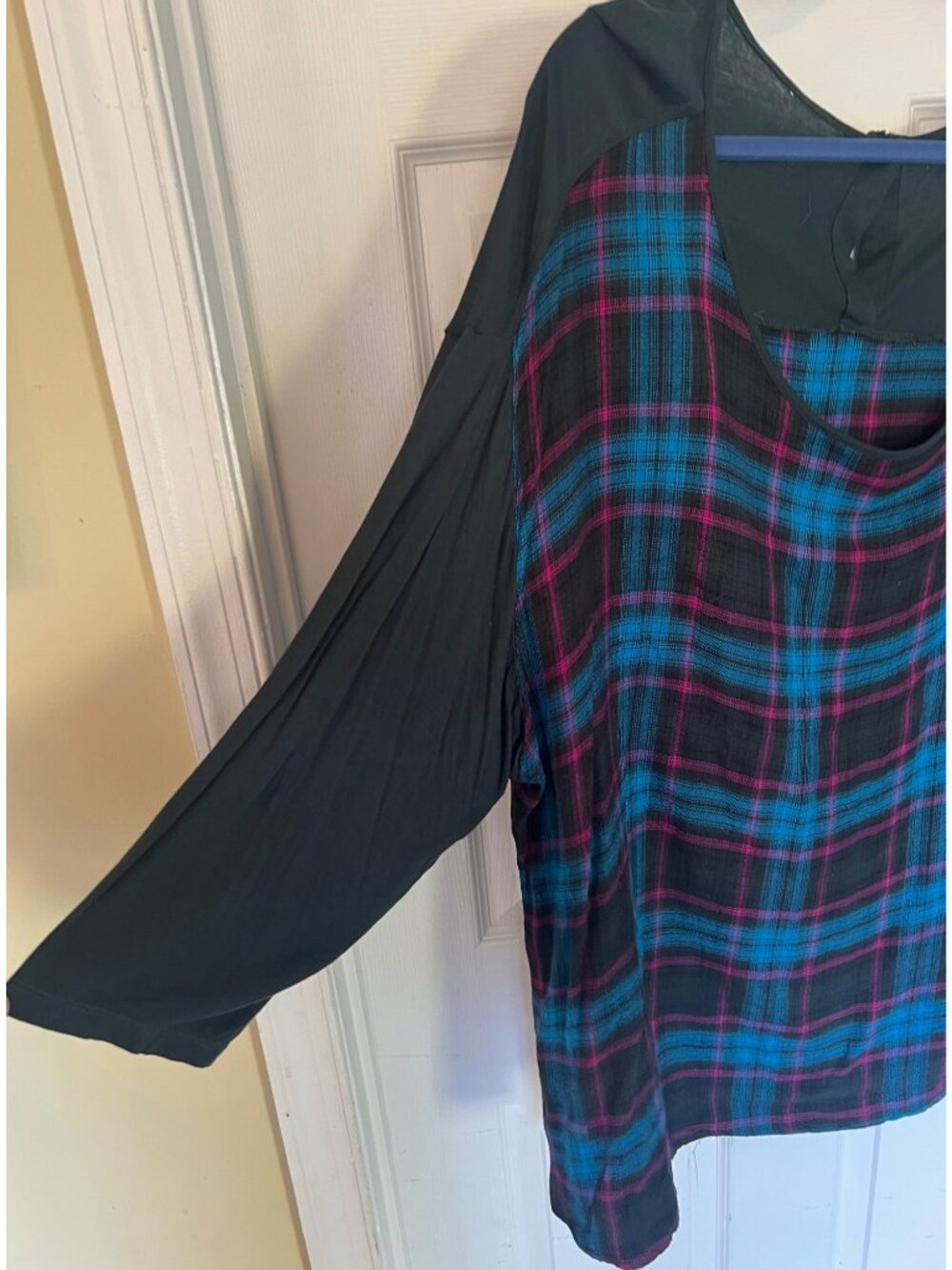 Avenue Plaid Tunic Top 26/28 Blue Green Knit Flannel Keyhole Lightweight Shirt - Picture 4 of 10